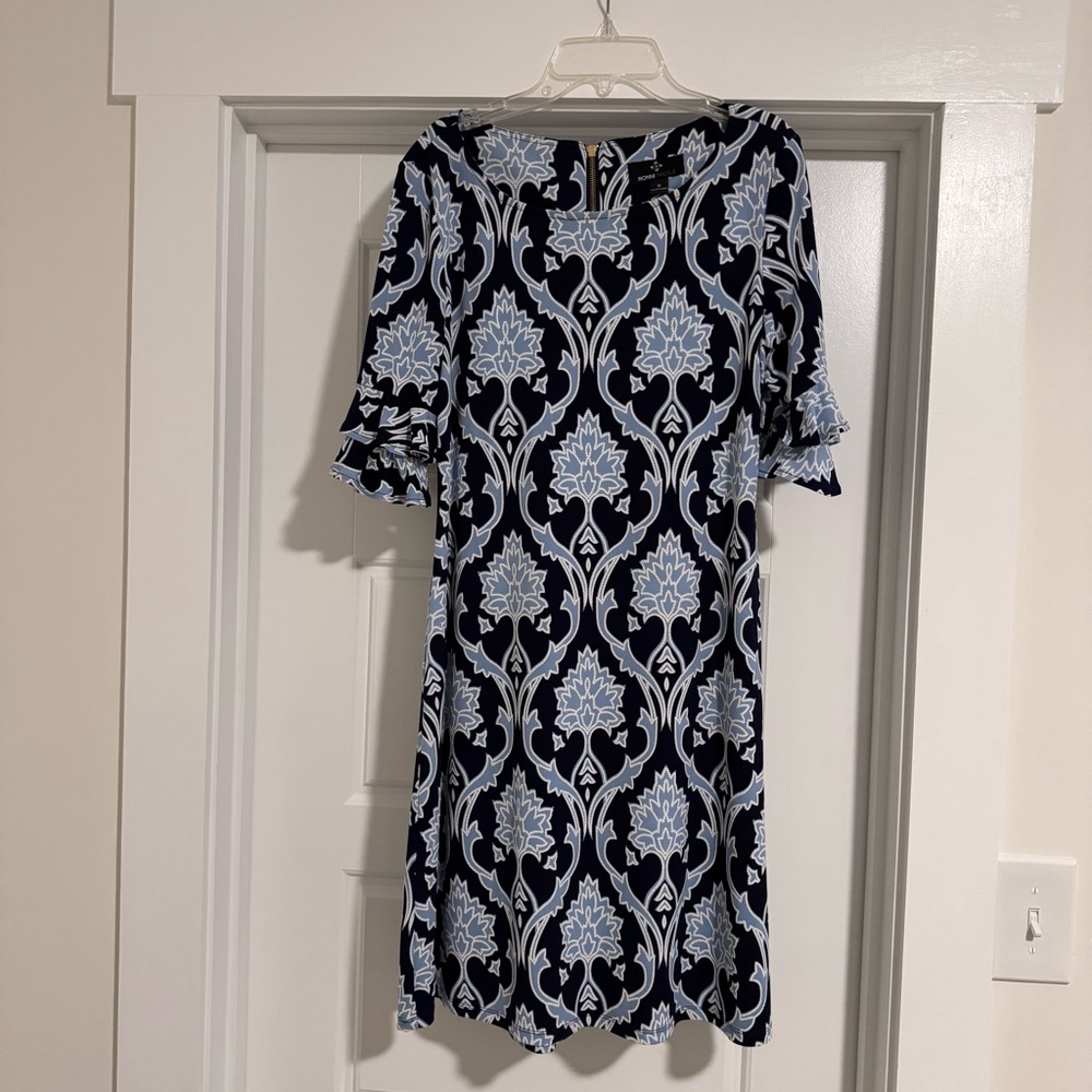 Ronni Nicole‎ Blue & White Textured Pattern Floral Dress Size 8